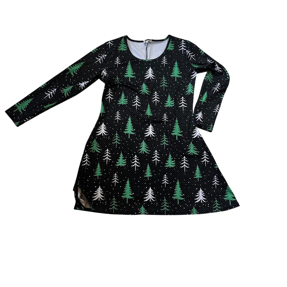 Tipsy Elves Womens XL Charcoal Gray Christmas Tree Skater Dress Long Slv Holiday
